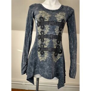 Romeo & Juliet Couture Acid Wash Grunge Whimsigoth Military Graphic Tunic Top
